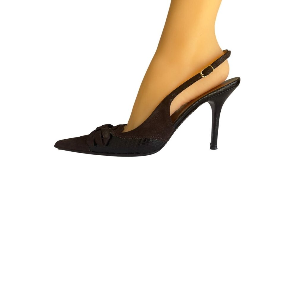 Dolce & Gabbana Women Brown Slingback Heels With Bow Detail & Pointed Toe Size 8